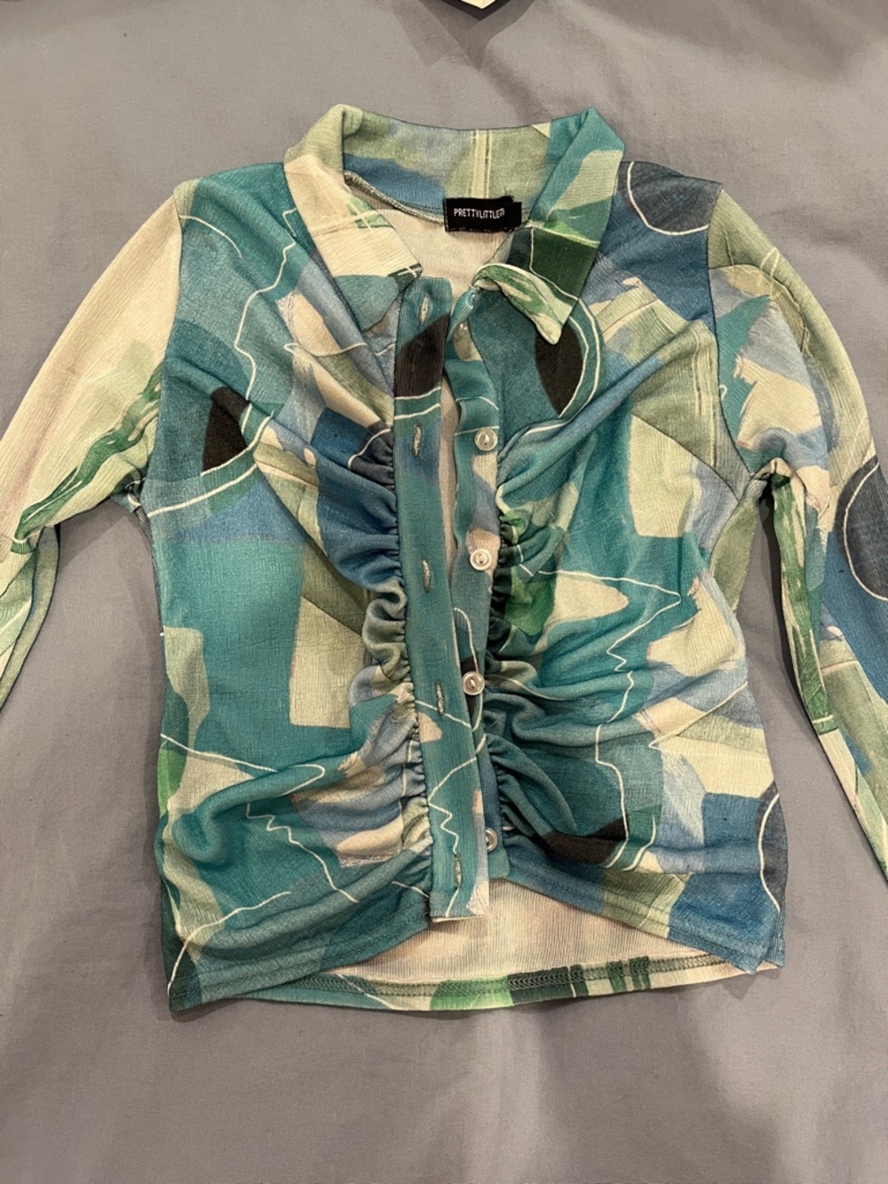 PrettyLittleThing Teal Green Blue Abstract Ruffle Button-Front Kids Blouse
